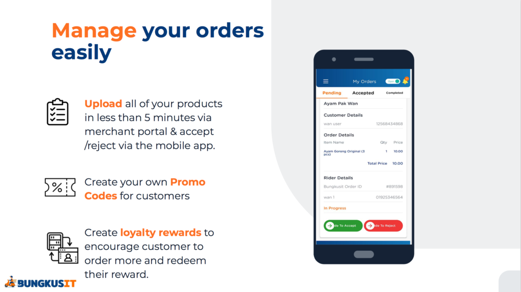 Manage your orders through the merchant bungkusit app